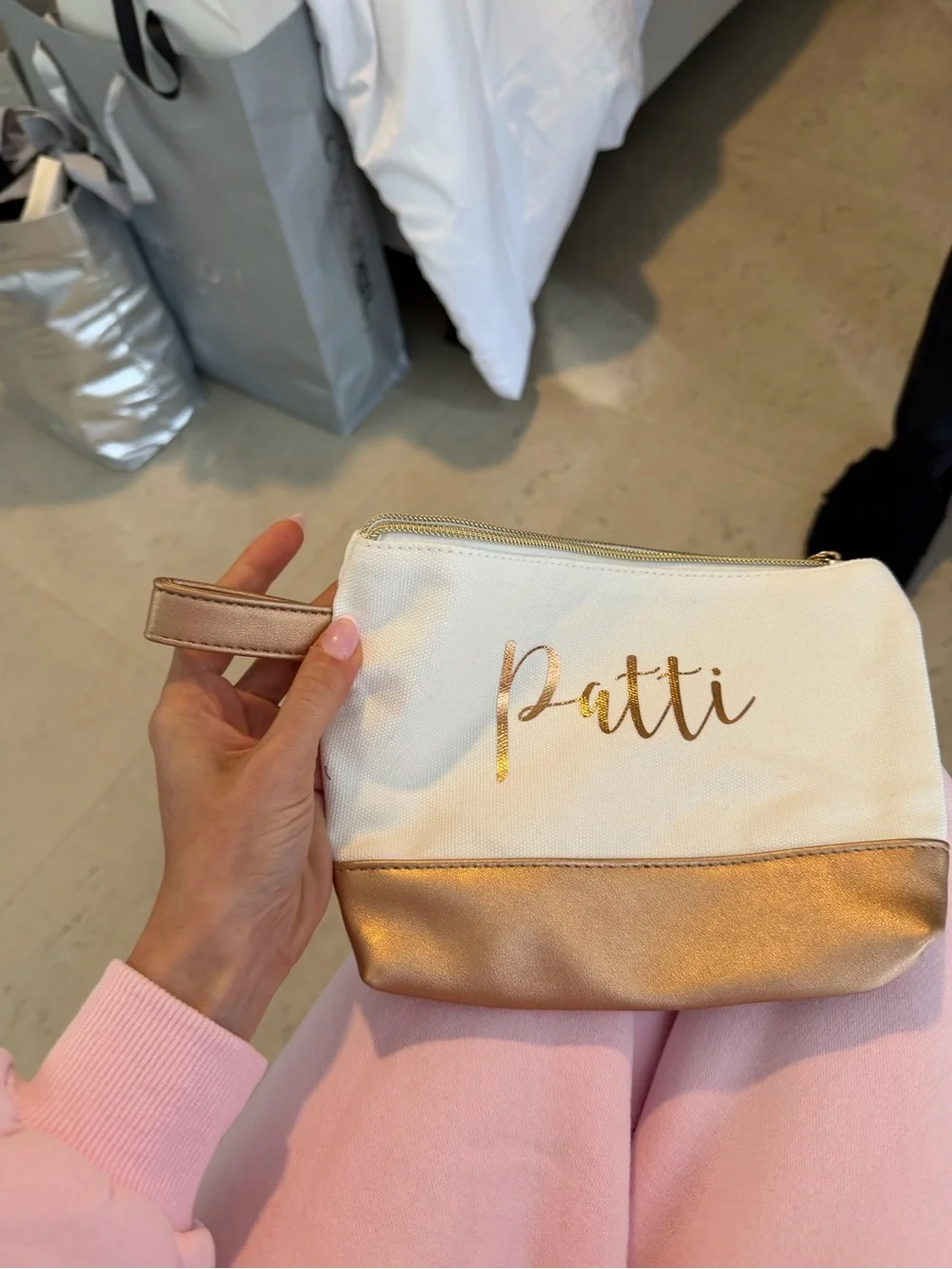 Personalized 'Patti' Canvas Cosmetic Bag in White and Rose Gold